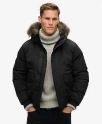 Kurtka Bomber z Ekologicznej Futrzanej Wstawki Everest. Czarne kurtki męskie Superdry., l, bez wzorów, z futra, bez kaptura. Za 771.15 zł.