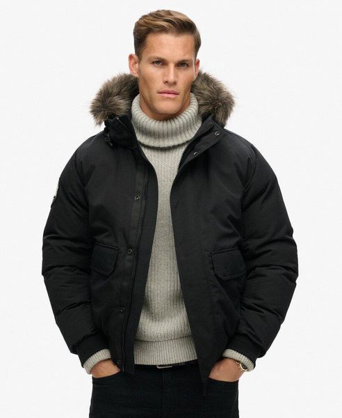 Kurtka Bomber z Ekologicznej Futrzanej Wstawki Everest. Czarne kurtki męskie Superdry., l, bez wzorów, z futra, bez kaptura. Za 796.55 zł.