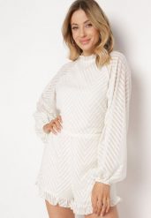 Beżowy Kombinezon z Tkaniny Plumeti z Bufiastymi Rękawami i Krótkimi Nogawkami Dolene. Brązowe kombinezony damskie Born2be, l, bez wzorów, z tkaniny, eleganckie, bez kołnierzyka, bez ramiączek, krótkie. Za 129.99 zł.
