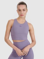 4F Crop top treningowy z wycięciem na plecach 4F x Anna Lewandowska - fioletowy L. Fioletowe topy damskie 4f, l, bez wzorów, z dzianiny, bez ramiączek. Za 99.99 zł.