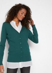 Sweter rozpinany basic z gładkiej dzianiny z plisą guzikową. Czarne kardigany damskie bonprix, bez wzorów, z bawełny. Za 99.99 zł.