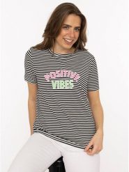 Zwillingsherz Koszulka "Positive Vibes" w kolorze biało-czarnym rozmiar: XL. Białe bluzki damskie Zwillingsherz, xl, bez wzorów, z wiskozy, bez kołnierzyka, bez ramiączek. Za 82.99 zł.