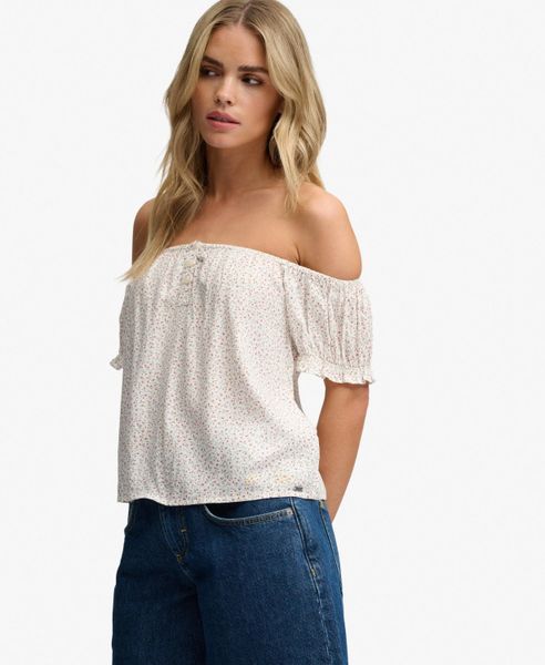 Superdry Krótki rękaw top półguzik tkanina mini róże – Off White Mini Roses. Białe topy sportowe damskie Superdry., na lato, bez wzorów, z materiału, bez ramiączek. Za 202.95 zł.