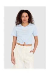 GUESS Niebieski t-shirt damski cropped fit piercing, Rozmiar M. Niebieskie t-shirty damskie Guess, m, z aplikacjami, bez kołnierzyka. W wyprzedaży za 123.99 zł.