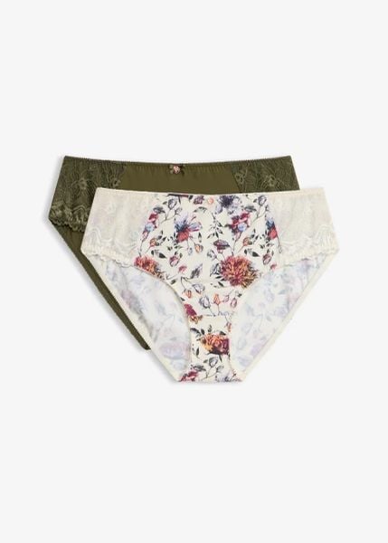 Figi maxi z nadrukiem w kwiaty (2 szt.). Białe figi damskie bonprix, bez wzorów, z koronki. Za 77.99 zł.