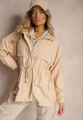Ciemnobeżowa Kurtka Parka z Dodatkiem Bawełny Wykończona Troczkami Zapinana na Napy Velona. Brązowe kurtki damskie Renee, l, bez wzorów, z bawełny. Za 119.99 zł.
