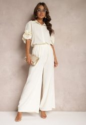 Beżowy Komplet Szerokie Spodnie i Koszula z Falbanami Rivathins. Brązowe koszule damskie Renee, bez wzorów, eleganckie. Za 159.99 zł.