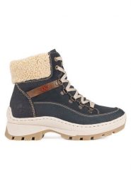 Rieker Botki X9338-14 Niebieski. Niebieskie botki damskie Rieker, z materiału, bez obcasa, na płaskiej podeszwie, bez zapięcia. Za 272.99 zł.