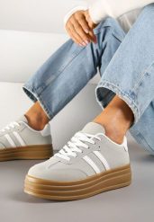 Beżowo-Szare Sneakersy w Stylu Tenisówki z Paskami Hirnelia. Brązowe trampki i tenisówki damskie Renee, bez wzorów, z jeansu. Za 79.99 zł.