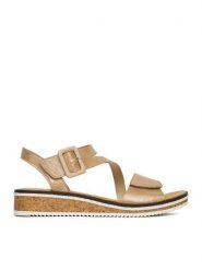 Rieker Sandały CEO-V3660-61 Złoty. Żółte sandały damskie Rieker, bez wzorów, ze skóry, bez obcasa, na płaskiej podeszwie. Za 299.99 zł.