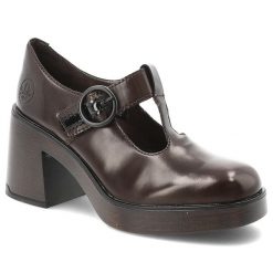 Półbuty damskie Rieker o eleganckim fasonie z paskiem i ozdobną klamrą osadzone na stabilnym obcasie typu słupek brązowe 58053-25, Brown. Brązowe półbuty damskie Rieker, bez wzorów, eleganckie, z okrągłym noskiem, bez obcasa, na słupku. Za 349.00 zł.