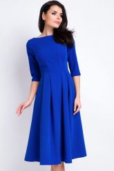 Elegancka sukienka rozkloszowana midi z kontrafałdami niebieska. Niebieskie sukienki damskie Sukienki.shop, do pracy, bez wzorów, biznesowe, bez kołnierzyka, bez ramiączek, midi, rozkloszowane. Za 309.00 zł.