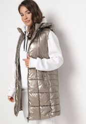 Złota Kamizelka z Wypukłym Pikowaniem Kapturem i Lakierowanym Efektem Damess. Żółte kamizelki damskie Born2be, l, długie. Za 89.99 zł.