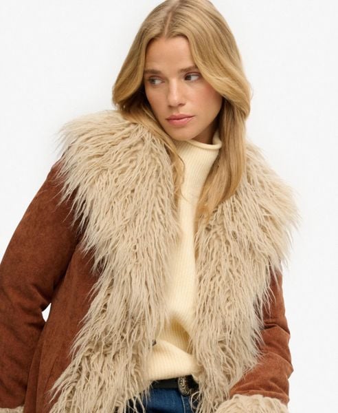 Superdry Long Afghan Coat — długi płaszcz sztruksowy, slim fit – Rustic. Brązowe płaszcze damskie Superdry., bez wzorów, z materiału, boho. Za 670.00 zł.