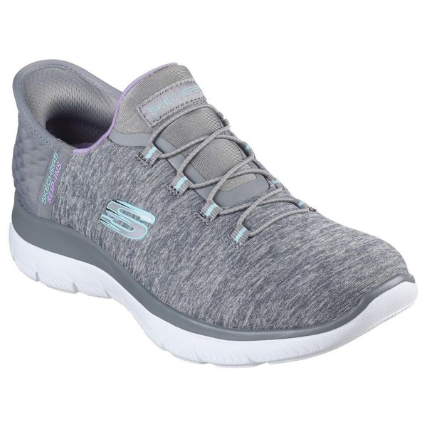 Damskie SUMMITS DAZZLING HAZE Slip-On Szary / Wielokolorowy. Szare trampki i tenisówki damskie Skechers, bez wzorów, z materiału. Za 279.99 zł.