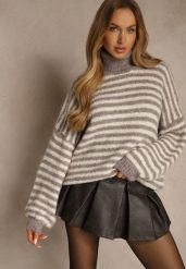 Szaro-Beżowy Golf z Dodatkiem Wełny Ozdobiony Paskami Monarria. Szare golfy damskie Renee, bez wzorów, z jeansu, bez ramiączek. Za 169.99 zł.