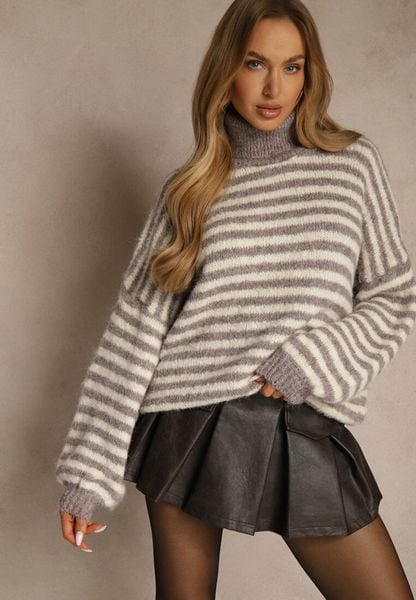 Szaro-Beżowy Golf z Dodatkiem Wełny Ozdobiony Paskami Monarria. Szare golfy damskie Renee, bez wzorów, z jeansu, bez ramiączek. Za 169.99 zł.