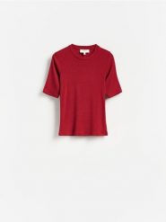 Dzianinowy t-shirt z lyocellem - intenstywna czerwień. Czerwone t-shirty damskie Reserved, l, bez wzorów, z dzianiny, bez kołnierzyka. Za 119.99 zł.
