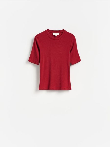 Dzianinowy t-shirt z lyocellem - intenstywna czerwień. Czerwone t-shirty damskie Reserved, l, bez wzorów, z dzianiny, bez kołnierzyka. Za 119.99 zł.