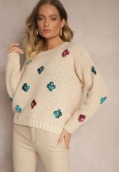 Beżowy Sweter z Wiskozą Zdobiony Cekinowymi Aplikacjami z Kwiatami Edalora. Brązowe swetry klasyczne damskie Renee, l, z jeansu, bez kołnierzyka. Za 79.99 zł.