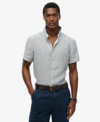Superdry Koszula Vacation lniana krótki rękaw Navy Ticking Linen. Niebieskie koszule męskie Superdry., s, bez wzorów, z tkaniny, bez kołnierzyka, bez ramiączek. Za 322.70 zł.