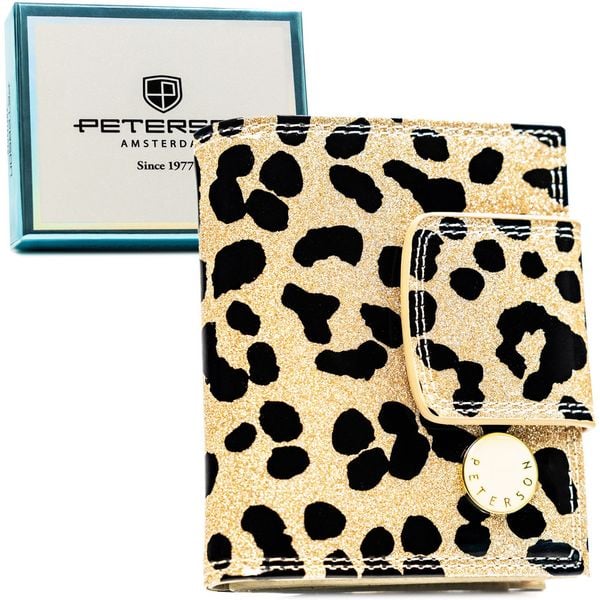 Mały portfel damski ze skóry ekologicznej i naturalnej w złotym kolorze - Peterson. Żółte portfele damskie Peterson, bez wzorów, ze skóry ekologicznej. Za 124.99 zł.