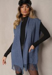 Niebieska Kamizelka Narzutka z Wiskozowej Dzianiny z Frędzlami i Kieszeniami Naralina. Niebieskie kamizelki damskie Renee, l, z dzianiny. Za 89.99 zł.