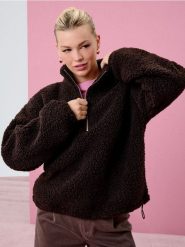 Bluza sherpa ze stójką na zamek - brązowy. Brązowe bluzy bez kaptura damskie Sinsay, l, z polaru. Za 69.99 zł.