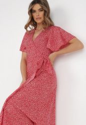 Czerwona Sukienka Theminophe. Czerwone sukienki damskie Born2be, na co dzień, na lato, m, bez wzorów, z materiału, bez kołnierzyka, bez ramiączek, maxi, kopertowe. Za 129.99 zł.