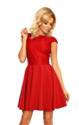 Sukienka Elegancka Rozkloszowana z Koronką - Czerwona. Czerwone sukienki damskie Numoco, xl, bez wzorów, z koronki, eleganckie, bez kołnierzyka, bez ramiączek, rozkloszowane. Za 260.90 zł.