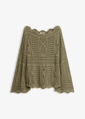 Bluzka dzianinowa z koronki. Brązowe bluzki damskie bonprix, bez wzorów, z dzianiny, eleganckie, bez kołnierzyka, bez ramiączek. Za 139.99 zł.