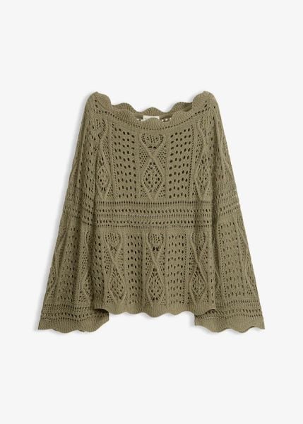Bluzka dzianinowa z koronki. Brązowe bluzki damskie bonprix, bez wzorów, z dzianiny, eleganckie, bez kołnierzyka, bez ramiączek. Za 139.99 zł.