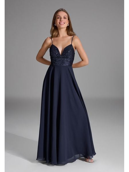 SWING Sukienka w kolorze granatowym rozmiar: 42. Niebieskie sukienki damskie Swing, bez wzorów, bez kołnierzyka, bez ramiączek, maxi. Za 240.99 zł.