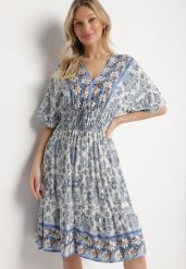 Granatowa Sukienka z Wiskozy w Ornamentalny Wzór z Szeroką Gumką w Pasie Tanissla. Niebieskie sukienki damskie Born2be, do pracy, na lato, l, bez wzorów, z wiskozy, biznesowe, bez kołnierzyka, bez ramiączek, midi. Za 59.99 zł.