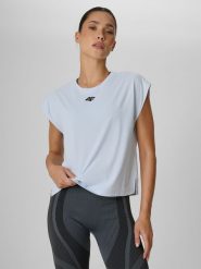 4F Koszulka treningowa regular szybkoschnąca damska - niebieska S. Niebieskie topy sportowe damskie 4f, s, bez wzorów, bez ramiączek. Za 79.99 zł.