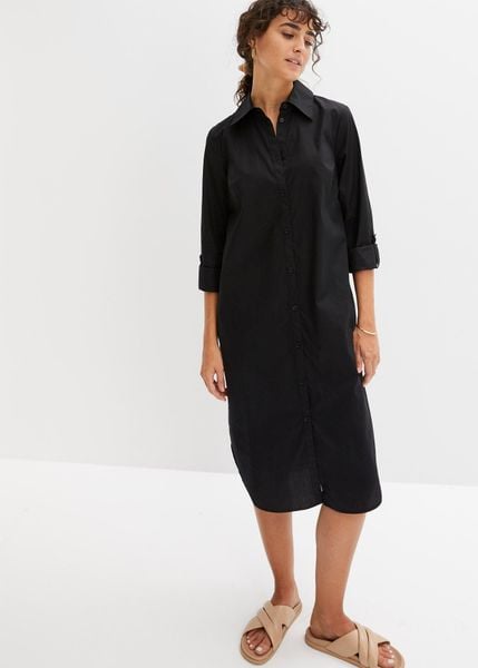 Sukienka szmizjerka z bawełnianej popeliny. Czarne sukienki damskie bonprix, bez wzorów, z bawełny, bez kołnierzyka, bez ramiączek, plisowane. Za 124.99 zł.