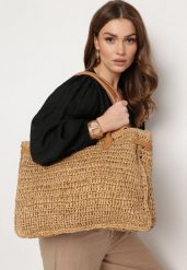 Beżowa Duża Torebka Tote Plażowa z Plecionki w Stylu Boho Delmirra. Brązowe torebki klasyczne damskie Born2be, bez wzorów, z materiału, duże, bez dodatków. Za 119.99 zł.