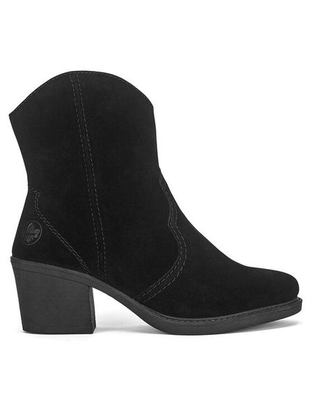Rieker Kowbojki Y1251-00 Czarny. Czarne botki damskie Rieker, ze skóry, bez obcasa, na słupku, bez zapięcia. Za 319.99 zł.