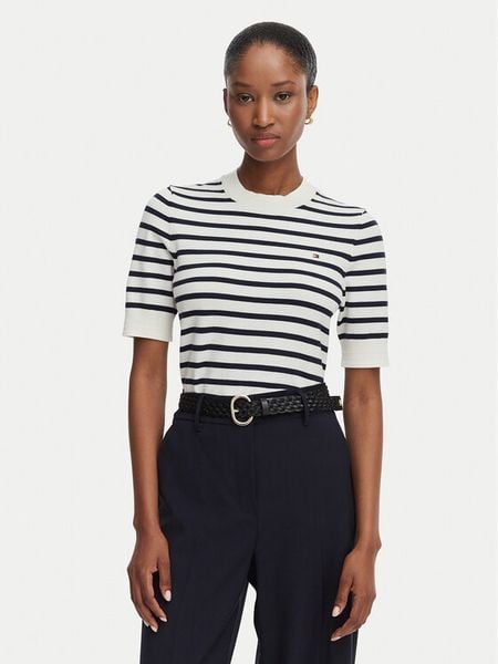 Tommy Hilfiger Sweter WW0WW49705 Kremowy Regular Fit. Białe swetry klasyczne damskie Tommy Hilfiger, l, z bawełny, bez kołnierzyka. Za 299.99 zł.