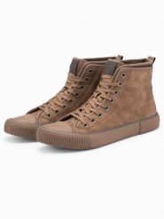 Męskie wysokie buty trampki z dekoracyjną lamówką – brązowe V2 OM-FOTH-0158 - 45. Brązowe trampki i tenisówki męskie Ombre Clothing, bez wzorów, z gumy, przed kolano, bez zapięcia. W wyprzedaży za 109.99 zł.