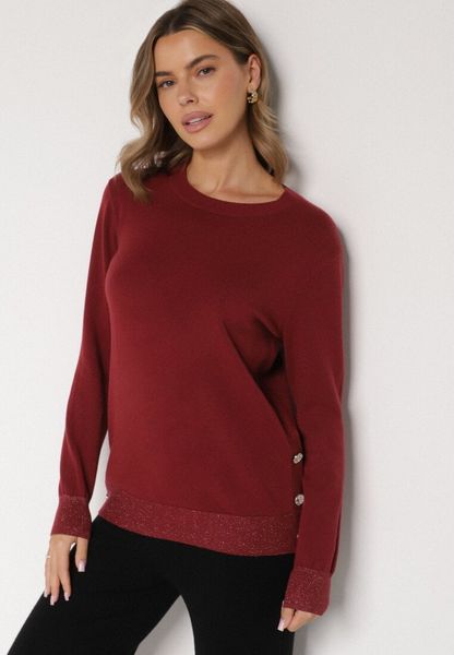Bordowy Sweter z Guzikami z Boku Tusiana. Czerwone swetry klasyczne damskie Born2be, z jeansu, bez kołnierzyka. Za 39.99 zł.