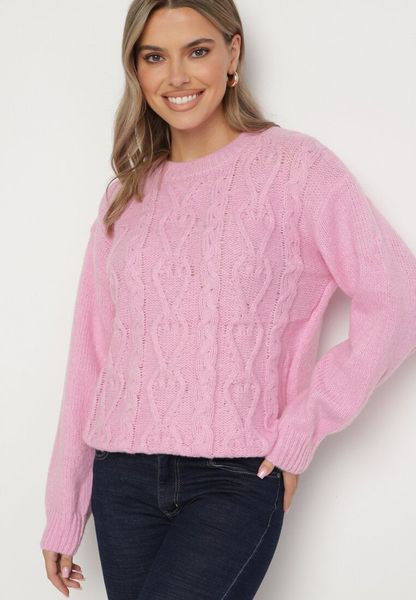 Różowy Sweter z Wełną Ściągaczem i Tłoczeniem Riavonnae. Czerwone swetry klasyczne damskie Born2be, z jeansu, bez kołnierzyka. Za 79.99 zł.