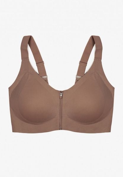 Ciemnobeżowy Sportowy Biustonosz z Suwakiem z Przodu Eziline. Brązowe biustonosze sportowe damskie Born2be, bez wzorów. Za 69.99 zł.