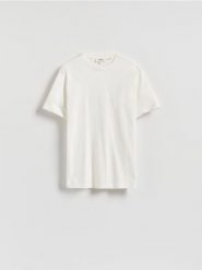 T-shirt regular z lnem - złamana biel. T-shirty męskie Reserved, l, bez wzorów, z bawełny, bez kołnierzyka. Za 99.99 zł.
