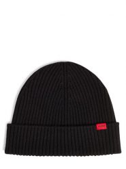 HUGO czapka z wełny dziewiczej - Xola Mężczyźni wełna ze strzyży czarny, ONE SIZE. Czarne czapki męskie Hugo, z aplikacjami, z dzianiny. Za 279.95 zł.