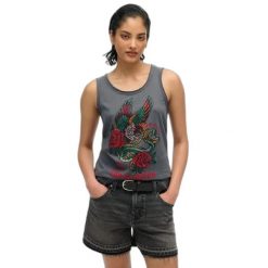 Top bez rękawów z odkrytymi ramionami dla kobiet Superdry Neo Trad Tattoo. Czarne topy damskie Superdry., bez wzorów, bez kołnierzyka. Za 136.55 zł.