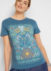 T-shirt z nadrukiem. Niebieskie t-shirty damskie bonprix, bez wzorów, bez kołnierzyka. Za 39.99 zł.
