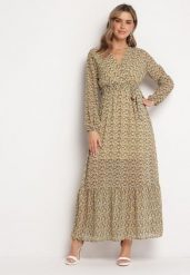 Żółto-Zielona Sukienka Kopertowa z Falbanką i Wiązanym Paskiem Luftare. Zielone sukienki damskie Born2be, na co dzień, l, bez wzorów, klasyczne, bez kołnierzyka, bez ramiączek, maxi, kopertowe. Za 119.99 zł.