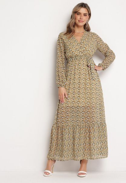 Żółto-Zielona Sukienka Kopertowa z Falbanką i Wiązanym Paskiem Luftare. Zielone sukienki damskie Born2be, na co dzień, l, bez wzorów, klasyczne, bez kołnierzyka, bez ramiączek, maxi, kopertowe. Za 139.99 zł.