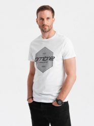 T-shirt męski bawełniany z nadrukiem geometrycznym i logotypem - biały V1 - Rozmiar: XL. Białe t-shirty męskie Ombre Clothing, m, bez wzorów, z bawełny, bez kołnierzyka. W wyprzedaży za 19.99 zł.